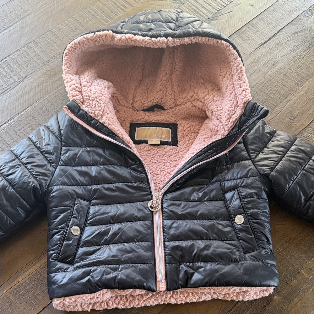 Michael Kors Kids Black Puffer Jacket with Pink Sherpa Hood